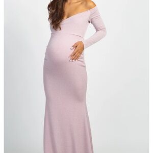 PinkBlush Pink Metallic Off Shoulder Long Sleeve Wrap Maternity Photoshoot Gown/
